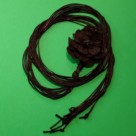 Black Flower Tie Belt Necklace Pin